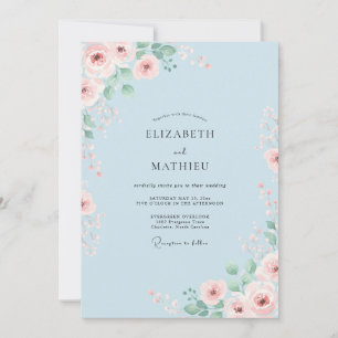Convites Casamento Romance Floral Azul Pó