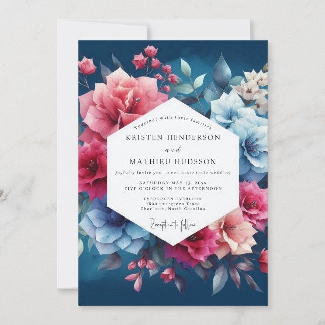 Convites Casamento Romance Floral Azul Profundo (Frente)