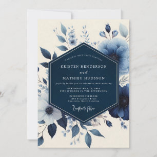 Convites Casamento Romance Floral Azul Profundo