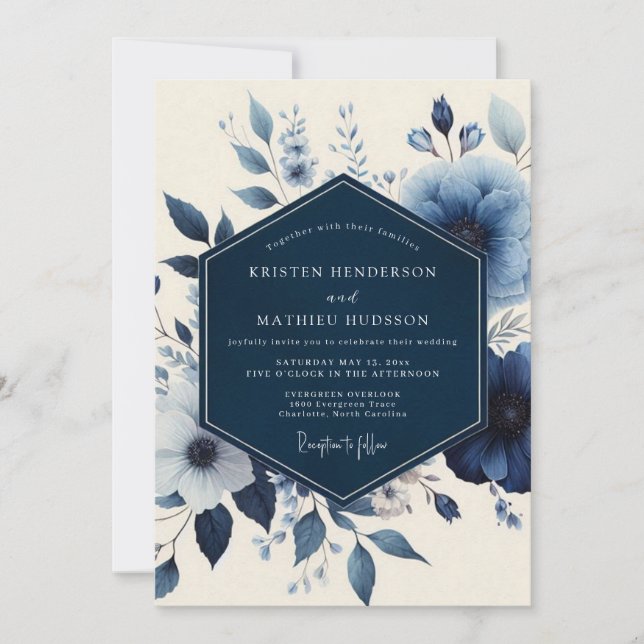 Convites Casamento Romance Floral Azul Profundo (Frente)