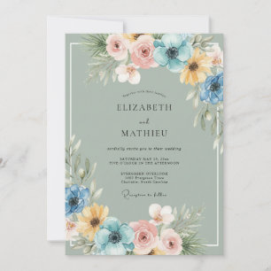 Convites Casamento Romance Floral Azul Salvia