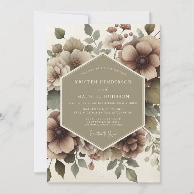 Convites Casamento Romance Floral Bege (Frente)