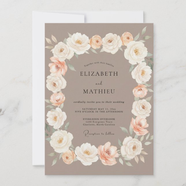 Convites Casamento Romance Floral Bege (Frente)