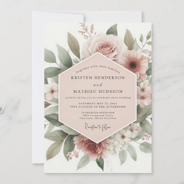 Convites Casamento Romance Floral Blush (Frente)