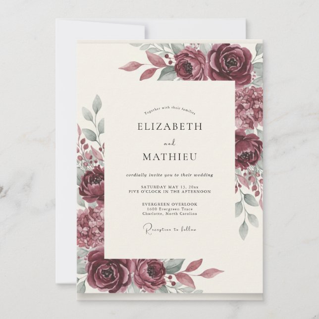 Convites Casamento Romance Floral Borgonha (Frente)