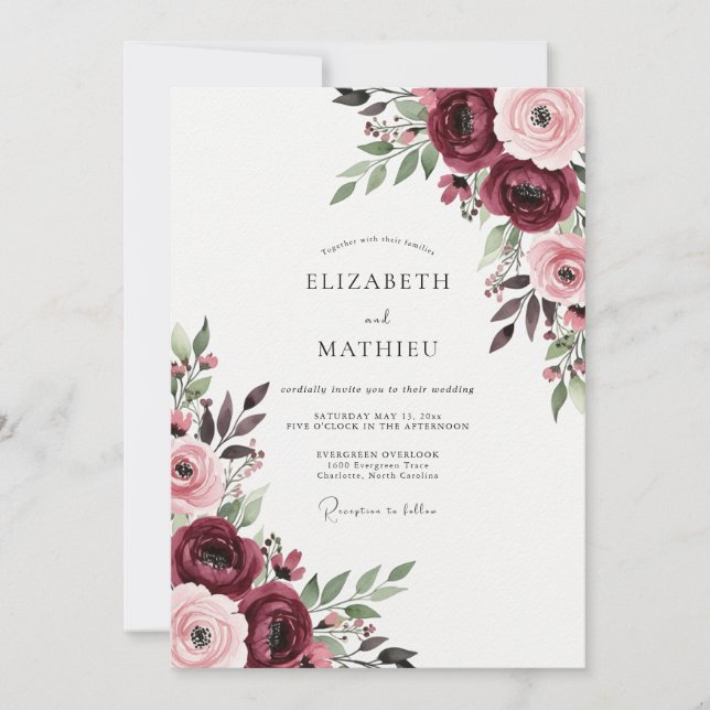 Convites Casamento Romance Floral Borgonha (Frente)