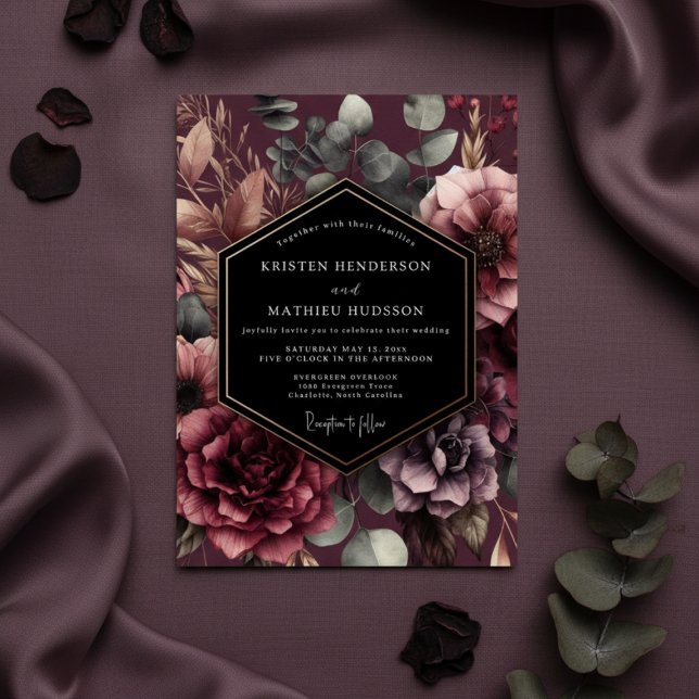Convites Casamento Romance Floral Borgonha (Criador carregado)