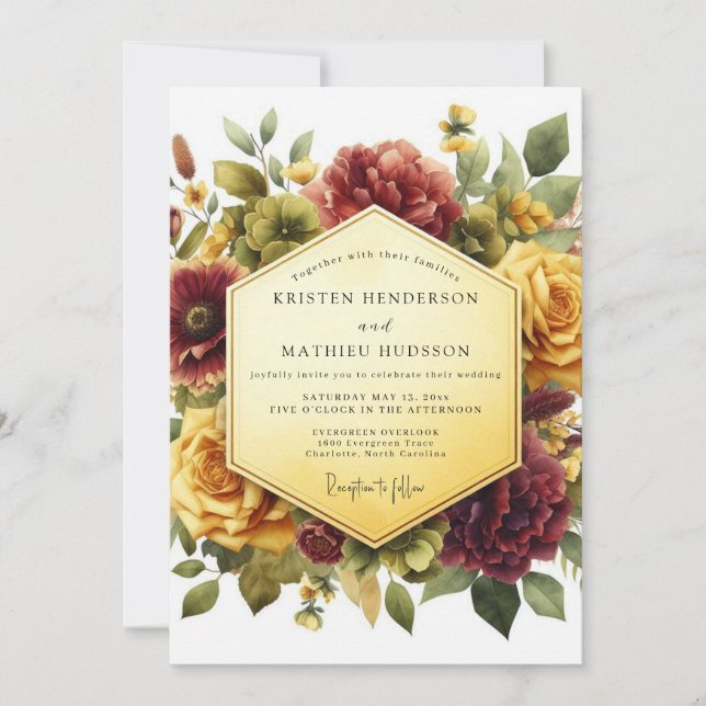 Convites Casamento Romance Floral Borgonha (Frente)