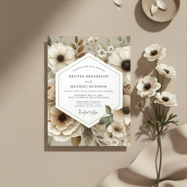Convites Casamento Romance Floral Botânico Creme (Criador carregado)