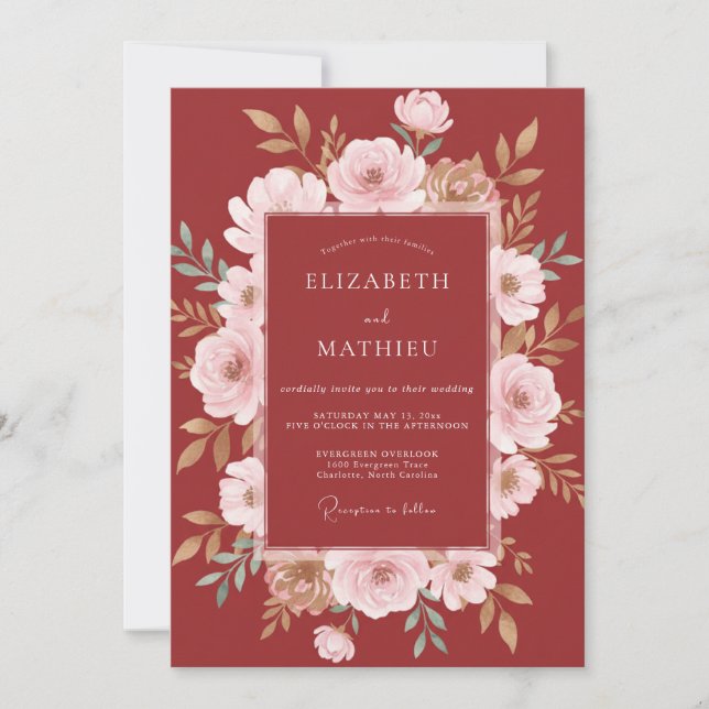 Convites Casamento Romance Floral Burgundy Florescente (Frente)
