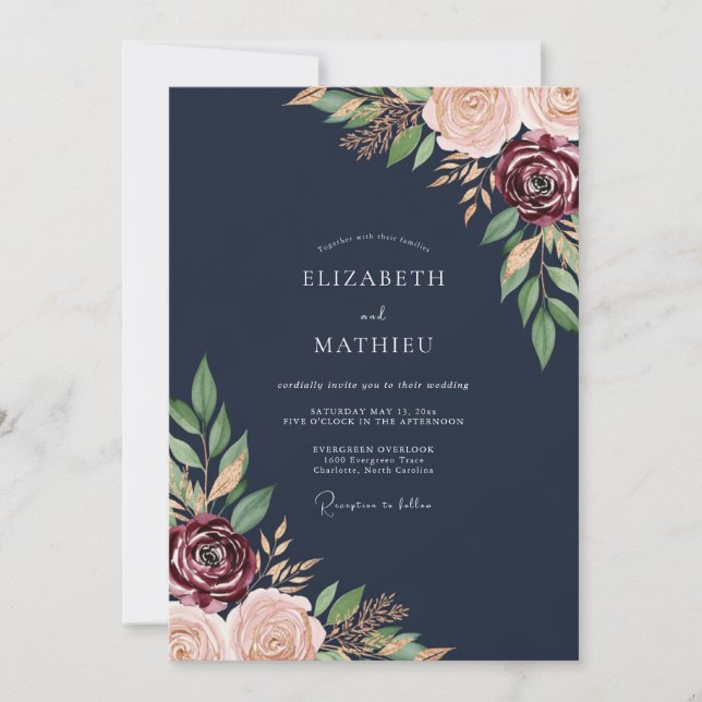 Convites Casamento Romance Floral Burgundy Marinho (Frente)