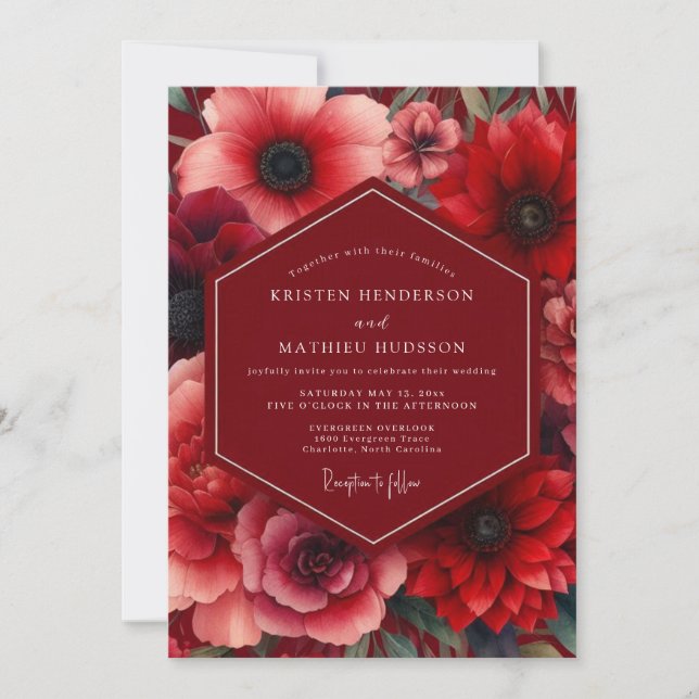 Convites Casamento Romance Floral Carmesim (Frente)