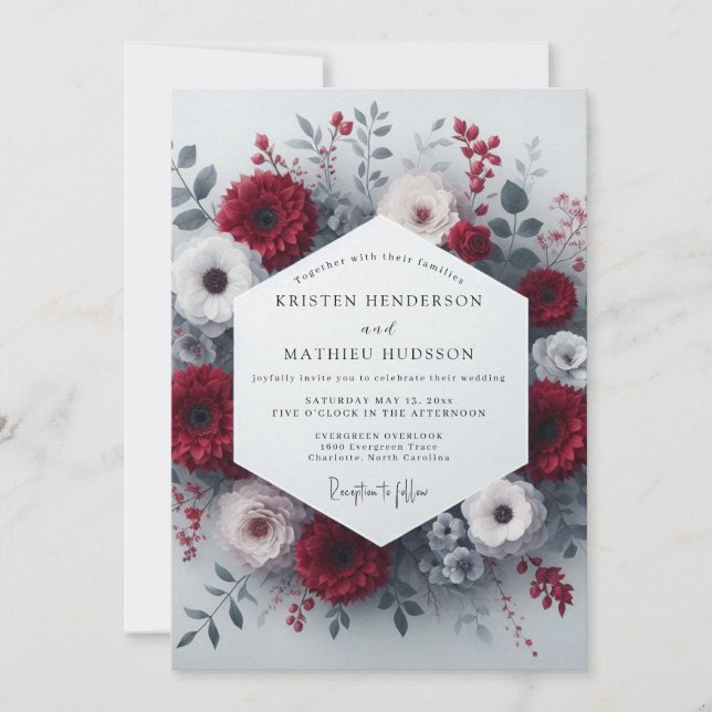 Convites Casamento Romance Floral Carmesim (Frente)