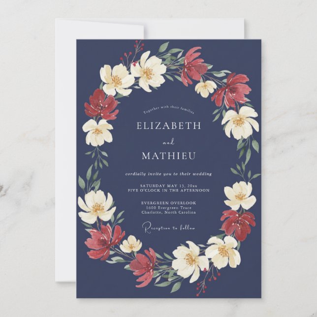 Convites Casamento Romance Floral Carmesim Azul Marinho (Frente)