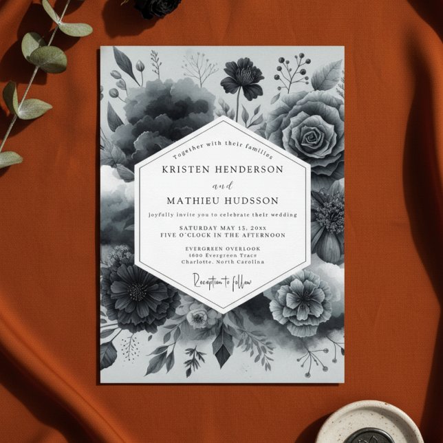 Convites Casamento Romance Floral Carvão (Criador carregado)