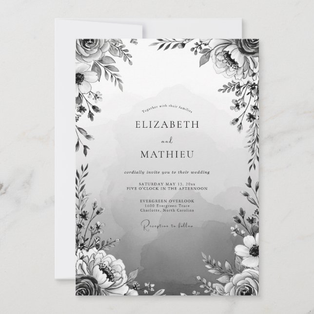 Convites Casamento Romance Floral Cinza (Frente)