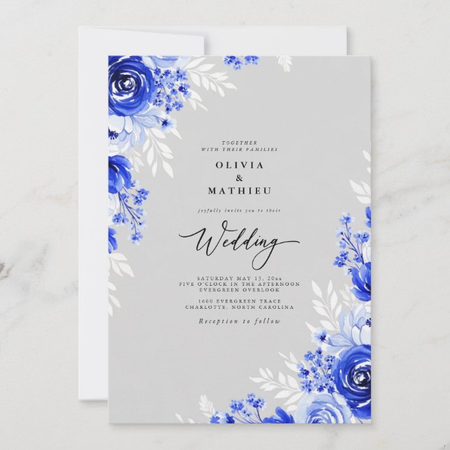Convites Casamento Romance Floral Cobalto (Frente)