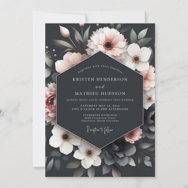 Convites Casamento Romance Floral com Beijo de Carvão (Frente)