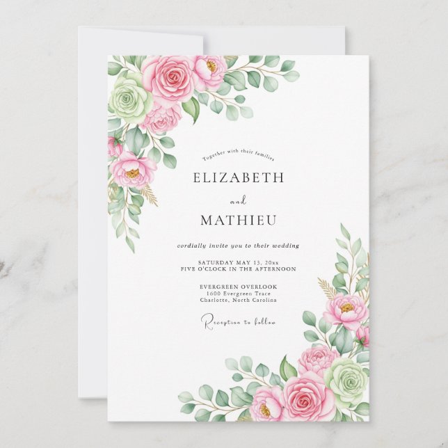 Convites Casamento Romance Floral com Rubor Rosa (Frente)