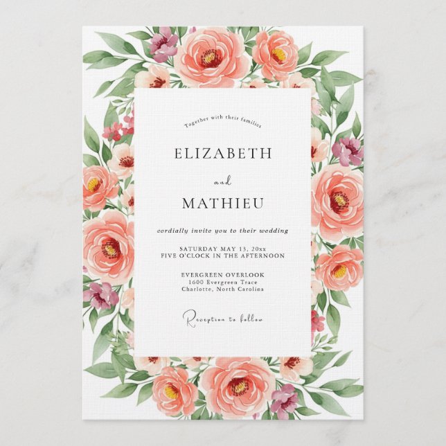 Convites Casamento Romance Floral Coral (Frente)