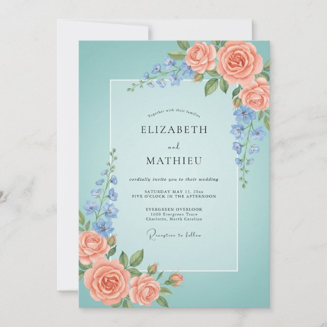 Convites Casamento Romance Floral Coral Aqua (Frente)