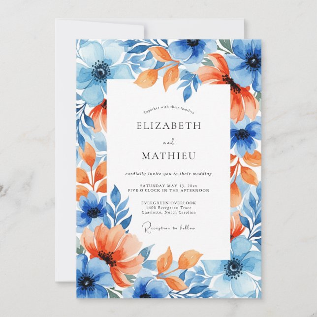Convites Casamento Romance Floral Coral Azul (Frente)
