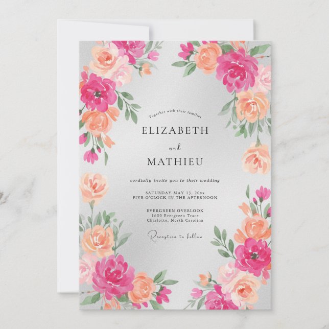 Convites Casamento Romance Floral Coral Rosa (Frente)