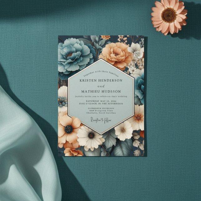 Convites Casamento Romance Floral Coral Teal (Criador carregado)
