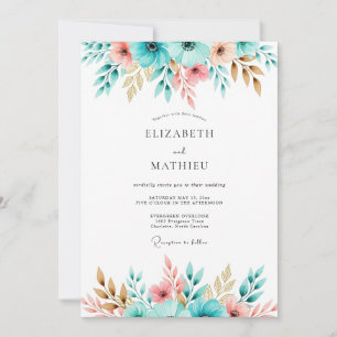 Convites Casamento Romance Floral Coral Turquesa