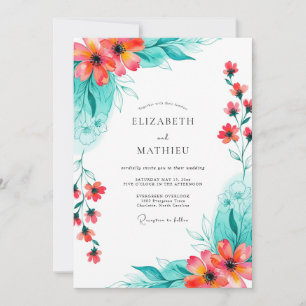 Convites Casamento Romance Floral Coral Turquesa