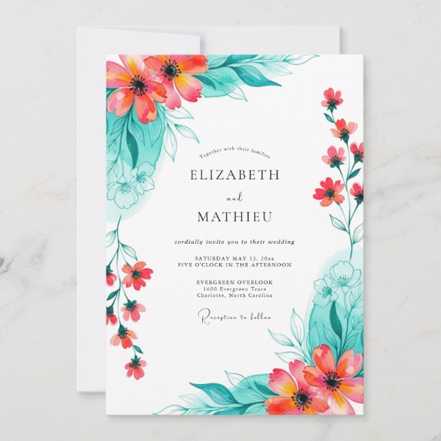 Convites Casamento Romance Floral Coral Turquesa (Frente)