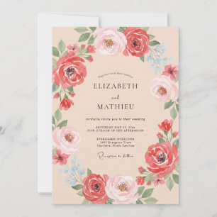Convites Casamento Romance Floral Coral Vibrante