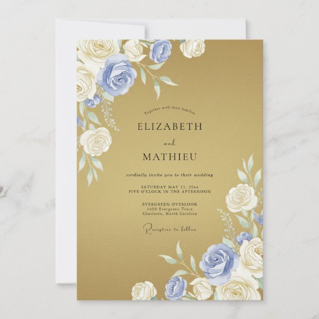 Convites Casamento Romance Floral Creme Azul (Frente)