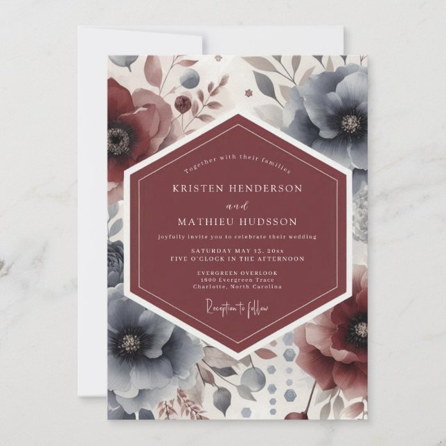 Convites Casamento Romance Floral de Borgonha à Meia-Noite (Frente)