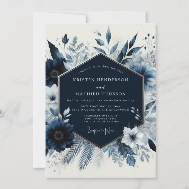 Convites Casamento Romance Floral de Inverno Marinho (Frente)