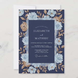 Convites Casamento Romance Floral Dourado Azul Naval