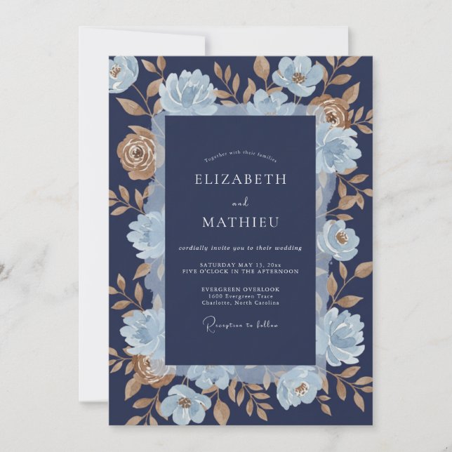 Convites Casamento Romance Floral Dourado Azul Naval (Frente)