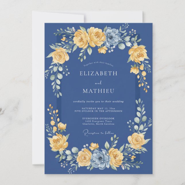 Convites Casamento Romance Floral Dourado Marinho (Frente)