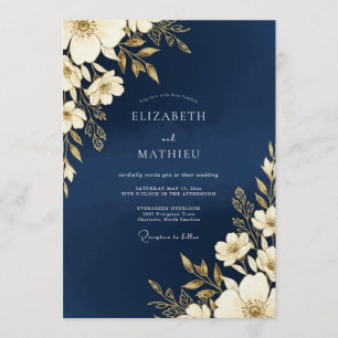 Convites Casamento Romance Floral Dourado Marinho