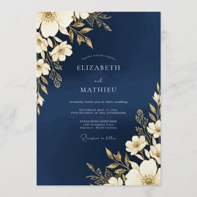 Convites Casamento Romance Floral Dourado Marinho (Frente)