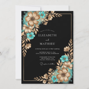 Convites Casamento Romance Floral Dourado Turquesa
