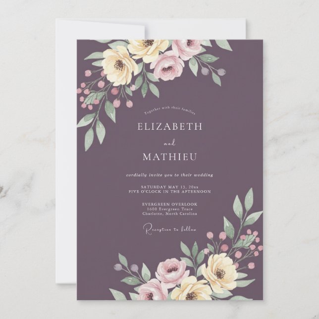 Convites Casamento Romance Floral Elegante Ameixa (Frente)