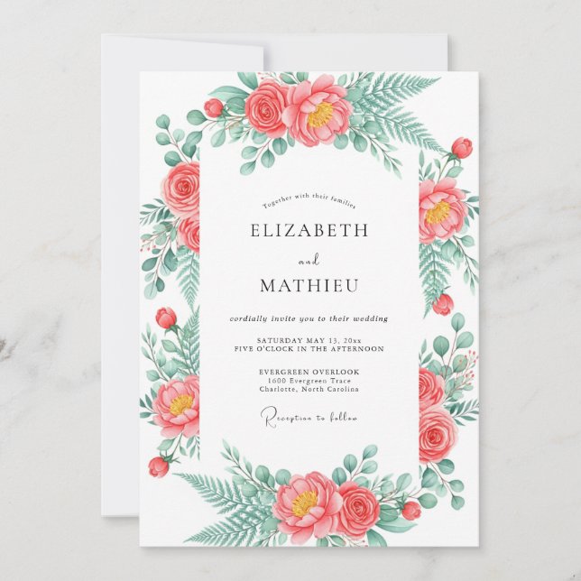 Convites Casamento Romance Floral em Flor Coral (Frente)