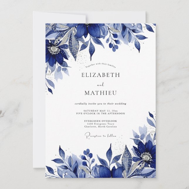 Convites Casamento Romance Floral Índigo (Frente)