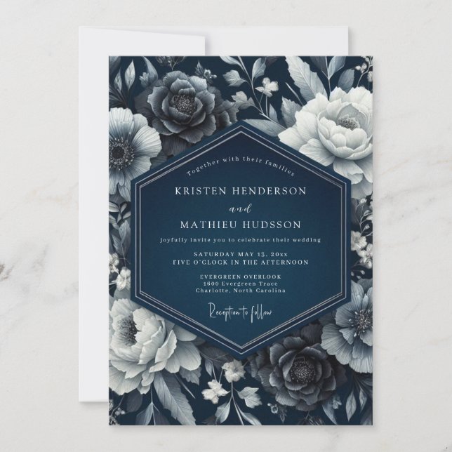 Convites Casamento Romance Floral Índigo (Frente)