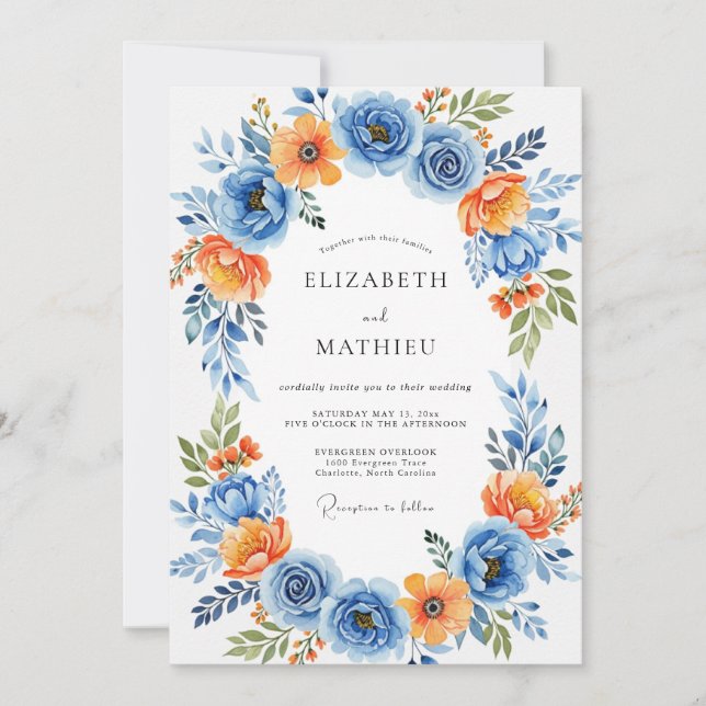 Convites Casamento Romance Floral Laranja Azul (Frente)