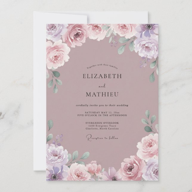 Convites Casamento Romance Floral Lavanda Empoeirada (Frente)