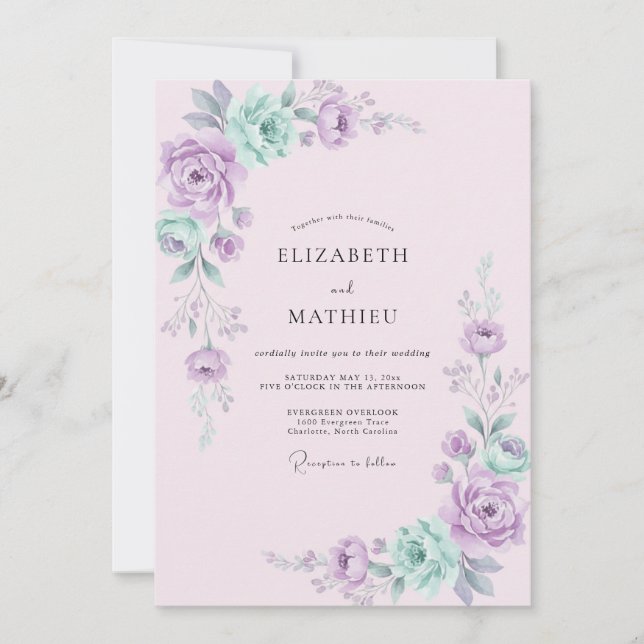 Convites Casamento Romance Floral Lavanda Menta (Frente)