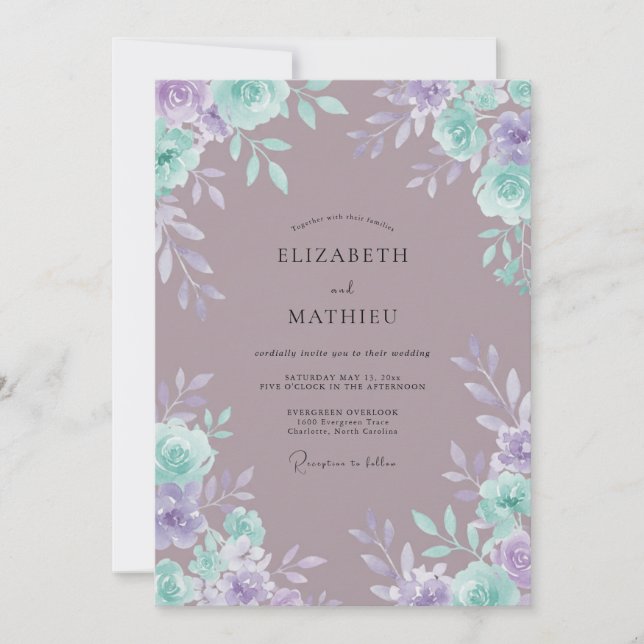 Convites Casamento Romance Floral Lilás Turquesa (Frente)