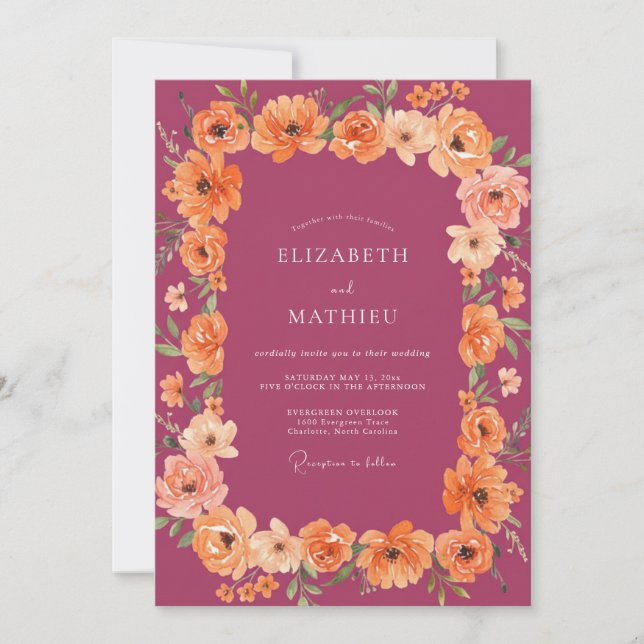 Convites Casamento Romance Floral Luxuriante Ameixa (Frente)